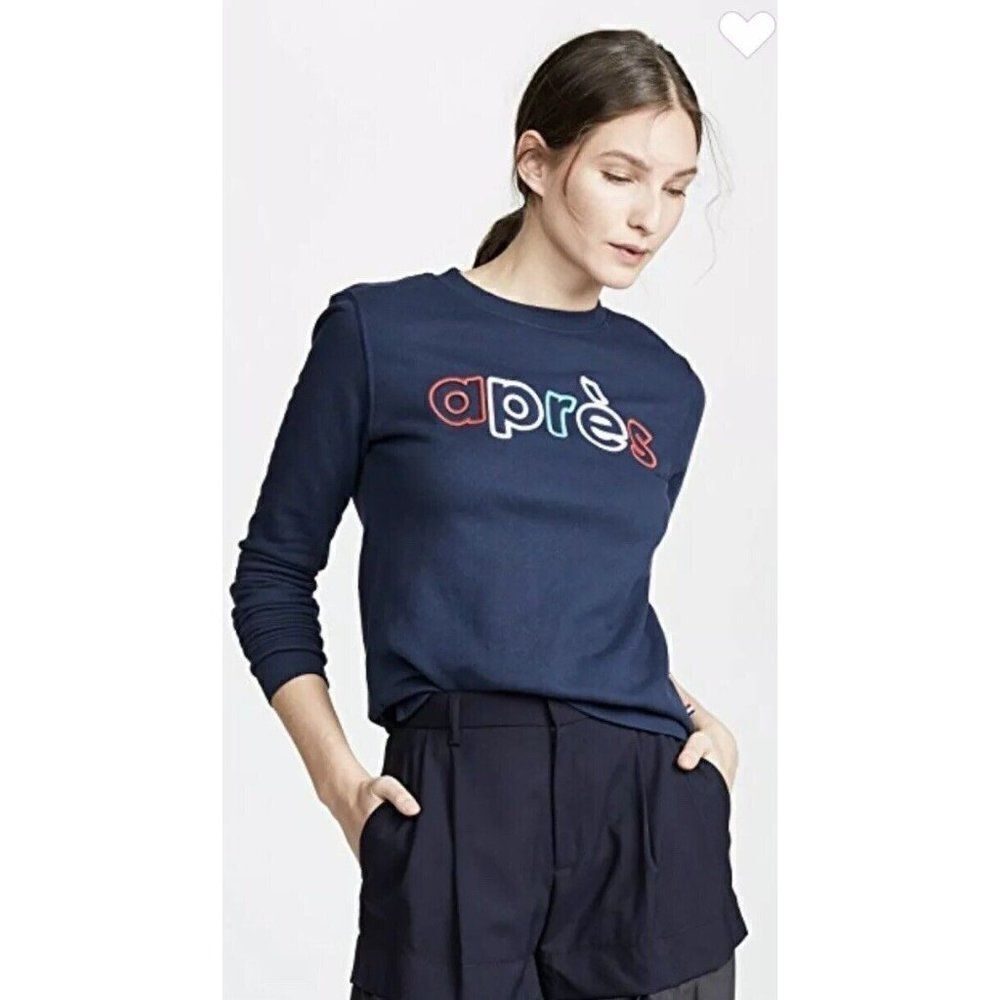 Sol Angeles Après Graphic Print Pullover Terry Cloth Sweatshirt Size XL Navy